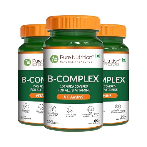 Image of Pure Nutrition B-Complex 180 Veg Tabs (60 X 3) | 100% RDA of B1, B2, B3, B5, B6, B9 | Boosts Immunity, Supports Hair Growth, Energy & Overall Health for Men & Women