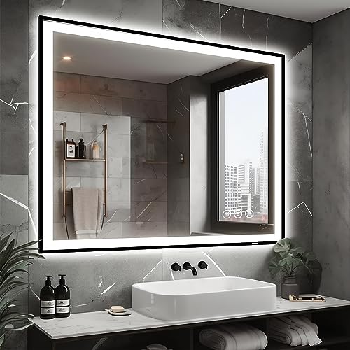 48x40 LED Lighted Bathroom Mirror - Black Aluminum Framed (Front and Backlit), Anti-Fog Bathroom Mirror with Lights,Stepless Dimmable LED Mirror,3 Colors Smart Mirror(Horizontal/Vertical)