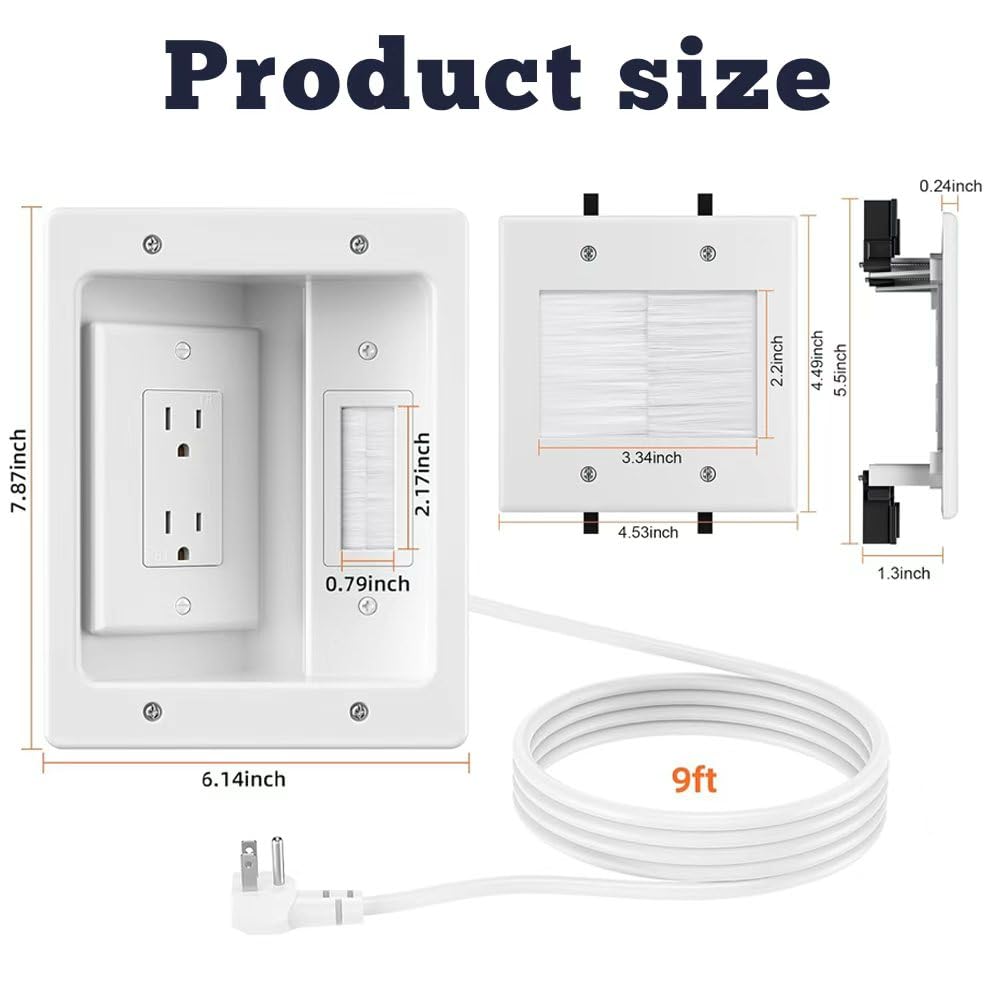 Kit di gestione dei cavi a parete, nascondicavo TV per TV a parete con due prese triple, 2,7 m, con piastre da parete per la gestione dei cavi Home Theater