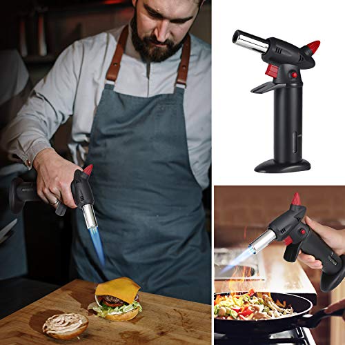 Kitchen Culinary Butane Torch lighter, Mini Blow Torch for Food Creme Brulee, Ham Steak, Fish Baking Supplies- Refillable Kitchen Torches for Cooking with Finger Guard (Butane gas not Included)