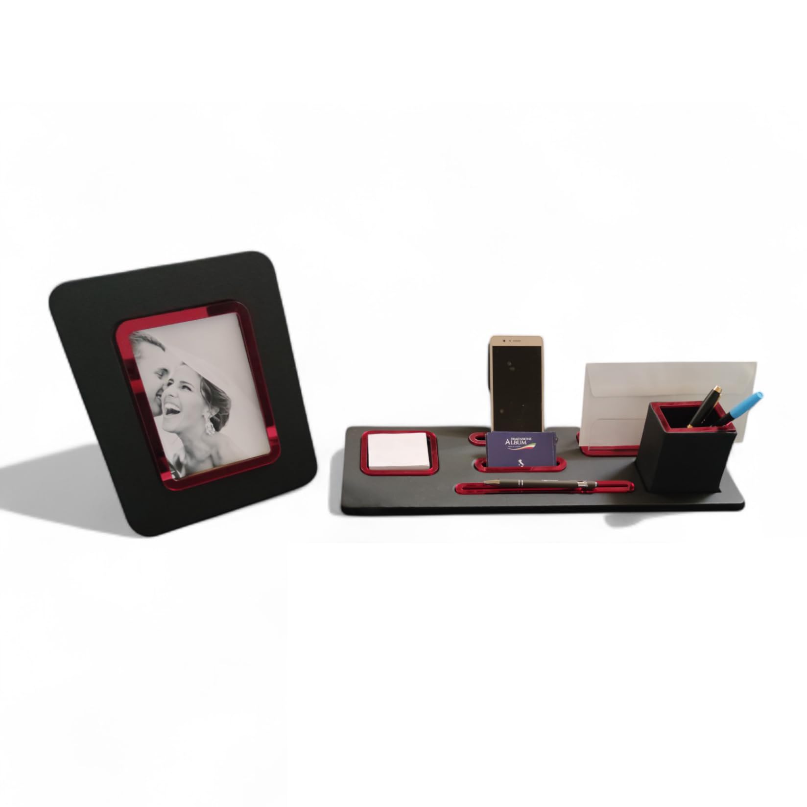 oggettando Set Scrivania, 5in1 Organizer Scrivania con Sup. smartphone, Portalettere, Porta bigliett, Portacarte ades, Bicchiere portapenne, Sup. penna, Portafoto Ufficio e Casa (ACRILICO ROSSO)
