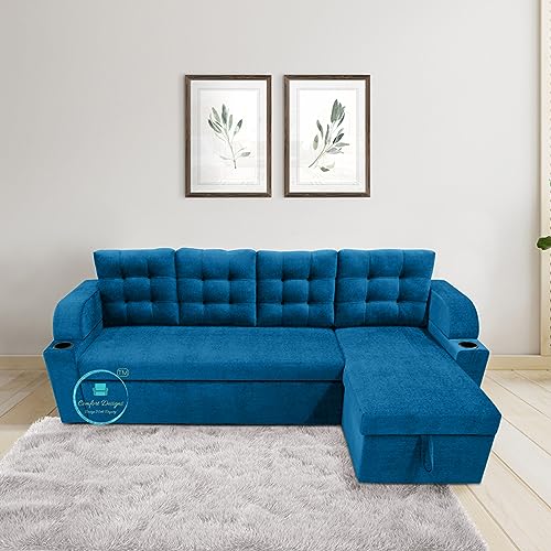 Image of Comfort Designs Nora Standard 5 to 6 Person Corner Sofa Cum Bed with Geometrical Right Hand Side Wood Sal Wood Frame Polyester Fabric (Blue)