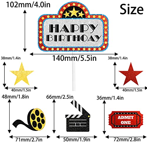Movie night Birthday Cake Topper - Movie Theme Roll Hollywood Cinema ticket Happy Birthday Party Decorations - One Cake Topper and 3pcs Cupcake Toppers