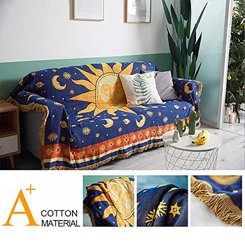 Sonne und Mond Tagesdecke mit Fransen,Doppelseitig Baumwoll Gewebt indianer decke 130X 180CM - Eignet Sich als Couchdecke bettüberwurf Sesseldecke und auch als sofaüberwurf,Gelb/Blau - Image 4