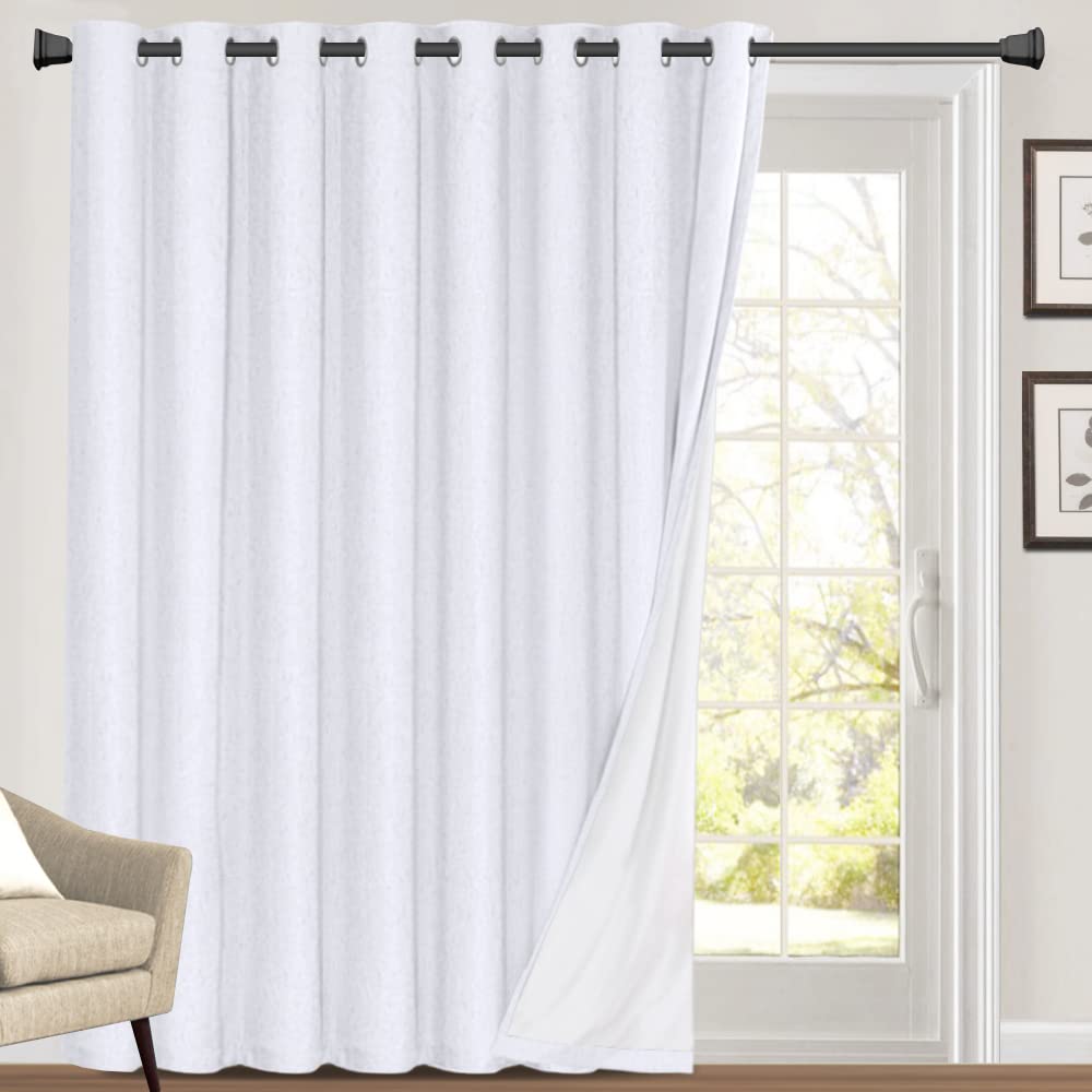 100% Blackout Linen Look Patio Door Curtain 108 Inches Long Extra Wide Thermal Insulated Grommet Curtain Drapes for Living Room/Sliding Glass Door, Primitive Winow Treatment Decoration, Pearl White