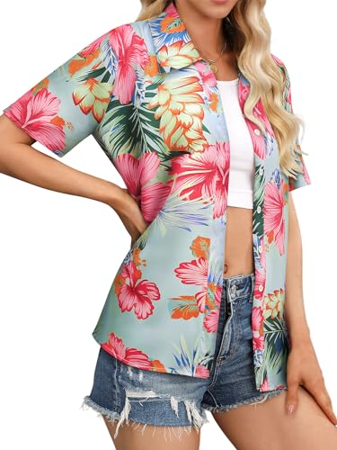 Womens Button Down Hawaiian Shirts Short Sleeve Floral Print Summer V Neck T-Shirt Casual Summer Beach Blouses Tops3