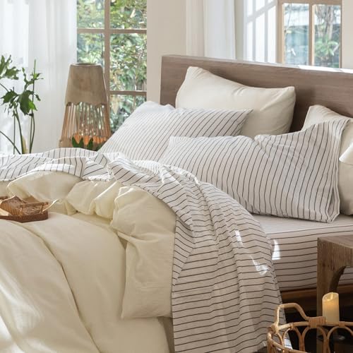 Image of MooMee Striped Sheet Set 100% Washed Cotton Linen Like King | Relaxed Linen-like Texture. Soft, Breathable & Lightweight Comfort. 15-19 inch Extra Deep Pocket with All-around Elastic