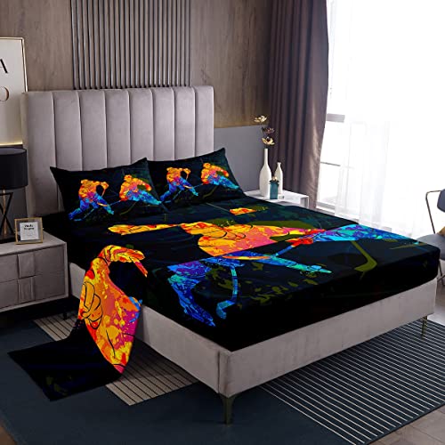 Feelyou Ice Hockey Game Sheets Set Competieive Puck Bedding Set for Kids Bed Sheet Set Red Light Players Sheets with Deep Pocket Fitted Sheet Blud Hockey Room Decor 4Pcs with 2 Pillow Case F