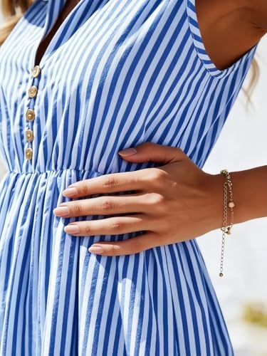Image of BROVAVE Womens 2026 Summer Sleeveless Shirt Dress Collar Striped V Neck Casual Midi Dresses