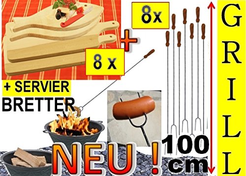 8x langer Grillspieß + 8x Servierbrett-Holzbrett, 4x Schneidebrett groß viereckig 42 x 22cm + 4x Fisch 35 x 16cm, Lagerfeuer-Würstchenspiesse,