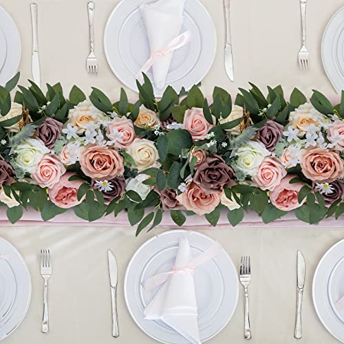 Blosmon Wedding Dining Table Flower Centerpiece 2 Pcsartificial Flowers Dusty Rose Floral Centerpieces For Tables Runner Fake Silk Rose Arrangements For Kitchen Living Room Reception Table Decor #TOP2