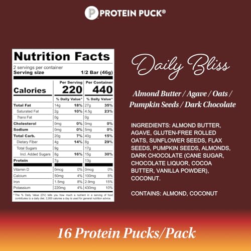 Image of Protein Puck Plant Based Protein Bars 16 Count 3.25oz Full Size Daily Bliss | Snacks with Vegan Protein, Gluten Free, Non Dairy, Kosher Certified Non GMO Premium Healthy Bars
