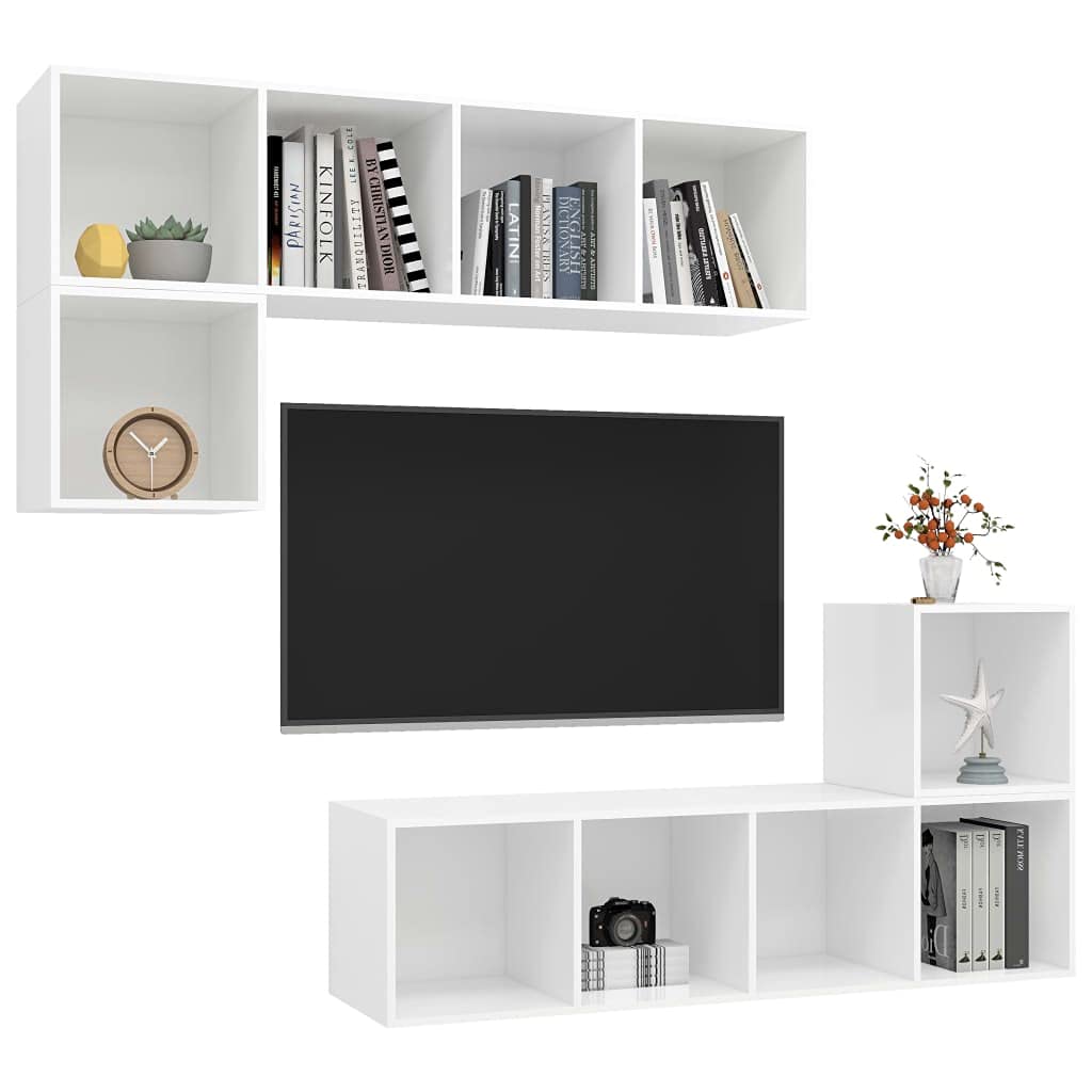 Juego de 4 muebles de TV colgantes en color blanco, moderno juego de mueble bajo para montaje en pared, mueble de TV de madera, armario de TV con espacio de almacenamiento para sala de