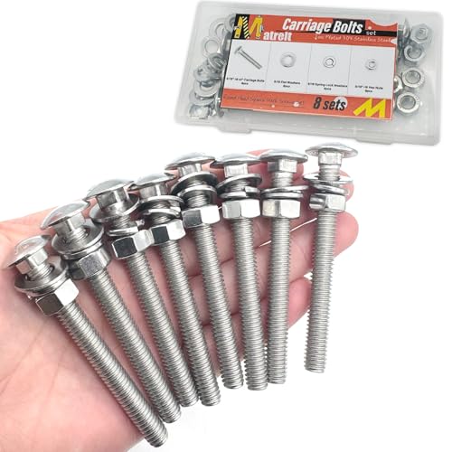 Image of 8 Sets 5 /16 inch-18 x3 Carriage Bolts Round Head Square Neck Screws with Hex Nuts Flat Washers Spring Lock Washers 304 Stainless Steel Full Thread Coverage Square Neck Bolts Assortment Kit