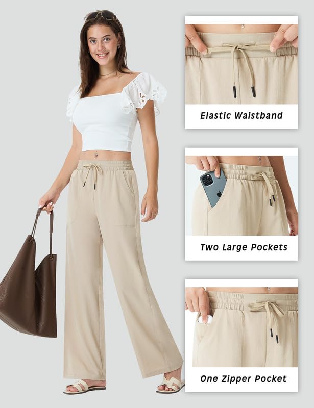 Image of EZRUN Women's Flowy Wide Leg Travel Palazzo Pants with Zip Pocket | Wrinkle-free flowy fabric, secure zip pocket & elastic waist. Ideal for long flights, summer beach lounge & everyday yoga