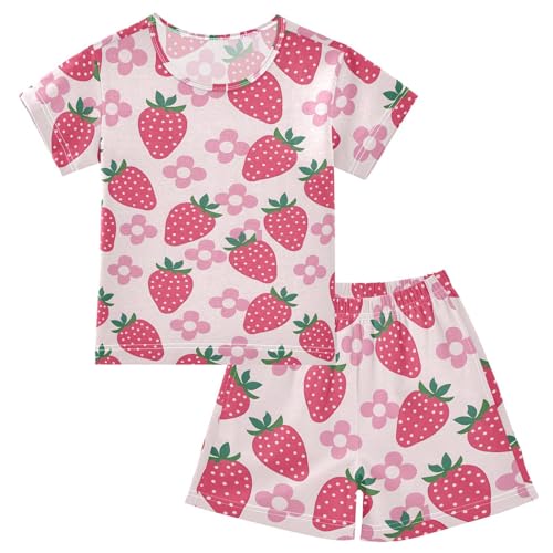 ALAZA Strawberry Flower Floral Fruit Pajamas Short Sleeve 2 Piece Sleepwear Top and Bottom Pajama Set Unisex