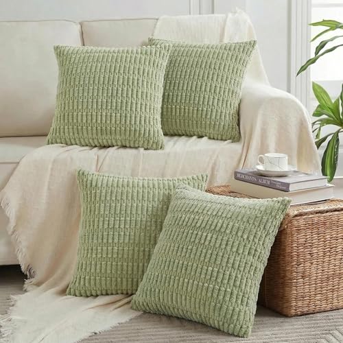 Fancy Homi 4 Packs Sage Green Decorative Throw Pillow Covers 26x26 Inch for Living Room Couch Bed Sofa, Rustic Farmhouse Boho Home Decor Soft Plush Striped Corduroy Square Cushion Case 66x66 cm