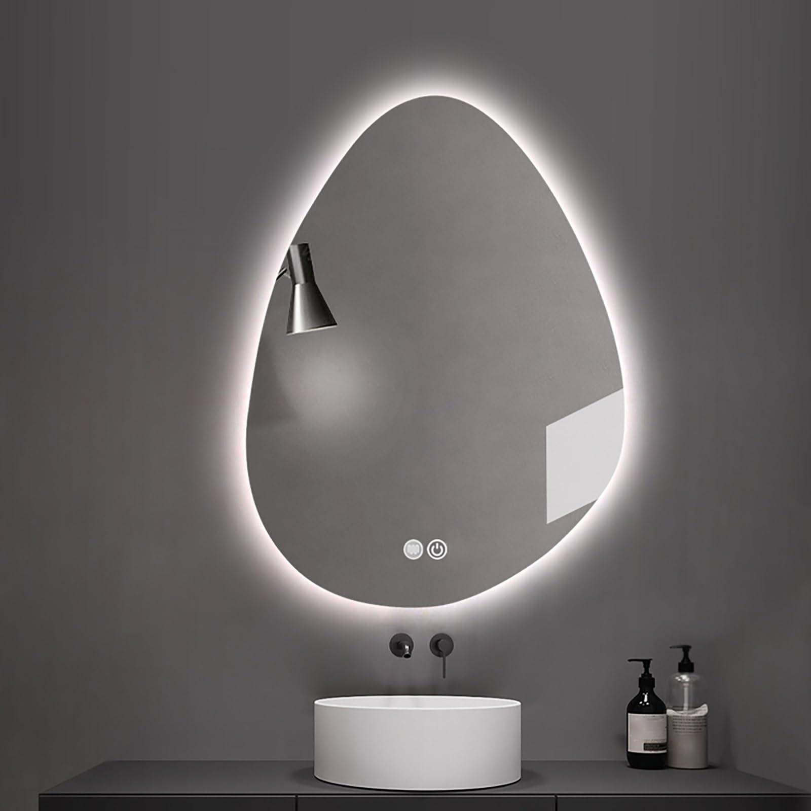 FGXHHS LED - Teardrop Shaped Frameless Anti-Fog Wall with 3-Color Dimmable Backlight, Dual Touch Switch, 60x80cm/23.6x31.5in for Vanity Mount