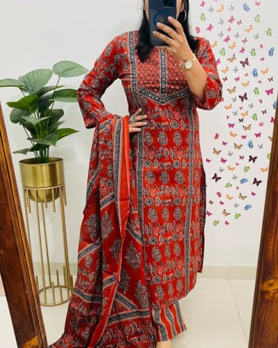 Image of krisjan|Women's Pure Cotton Printed with Handwork Kurta with Pants and Dupatta Set | Ethnic Set | Suit Set | Kurta Set | Wedding Suit Set