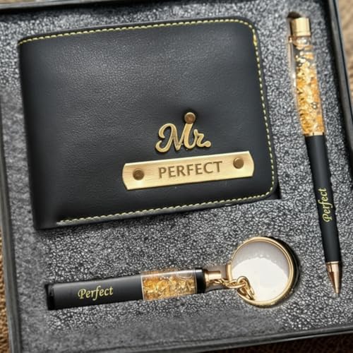 Image of Teak Wood Customized Leather Wallet Pen Keychain Gift Set for Men with Name, Personalized Brown Purse Combo, Stylish Gift for Husband, Boyfriend - Mens Wallets, Wallets for Man, Men Wallet (Black)