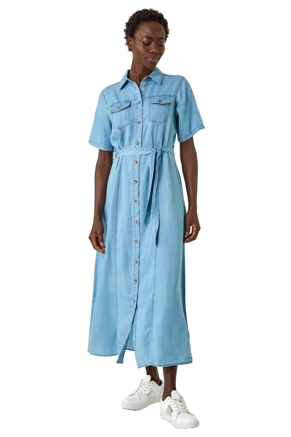 Roman Originals Women's Blue Button Through Midi Dress For Uk - Everyday Holiday Spring Summer Shirt Style Collar Comfy Soft Evening Vacation Work Party - Light Denim - Size 16