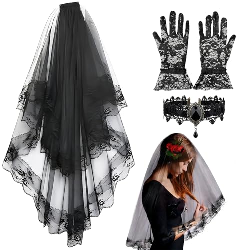 WZHHDM Black Veil Brides Funeral Veil 3PCS Mantilla Lace Hair Net Veils With Lace Gloves Gothic Bridal Veills And Necklace for Wedding Hen Halloween Party