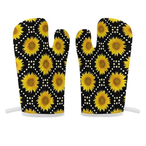 オーブンミット ひまわり 向日葵 鍋つかみ オーブン手袋 耐熱ミトン オーブングローブ 断熱 使い勝手 耐久性 着脱簡単 防水 厚手 吊り下げループ付き シェフ用 キッチン用品 男女兼用 2枚セット