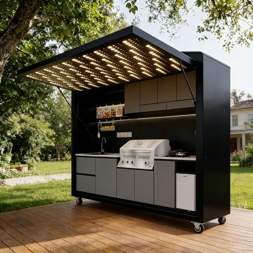 Outdoor Kitchen Island, Commercial Modular Outdoor Kitchen with Lift-Up Roof Design, Complete BBQ Cooking Station with Custom Grill Sink Storage for Patio Backyard and Hospitality Use