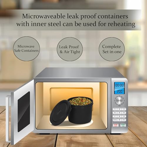 Image of Microwave Safe Lunch Box Set with Bag, 3 Containers (250 /400 /500 ml), Black | Outer Plastic & Inner Stainless Steel Tiffin Box | Leakproof Lunch Boxes