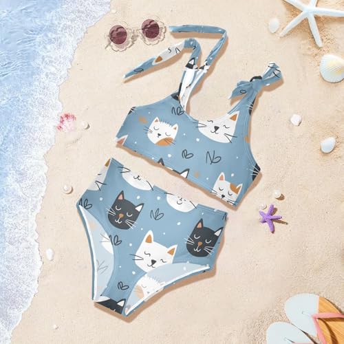 Girls' Bikini Set, Cat Faces on A Blue Background Kids Swimsuit 2 Pcs Beach Bathing Suit4