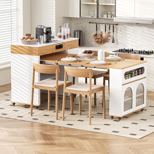 îLot De Cuisine Sur Roulettes,îLot De Cuisine RéTractable,Table Multiprises 1 Tiroir Et 3 Portes D'Armoire Sert D'îLot De Buffet Ou De Table De Bar Pour La...
