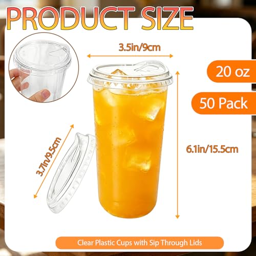 Image of 50 Pack 20OZ Clear Plastic Cups with Lids | Disposable, Iced Coffee Cups, Sip Through Lids, For Cold Beverage Juice Smoothie Milkshake, Wedding Party