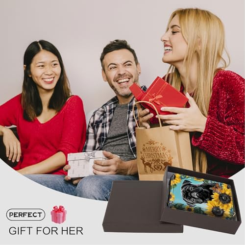 Image of Cute Credit Card Holder with Zipper, Sunflower Pug RFID-Blocking Card Case Small Wallet for Women Men, Multi-slot Card Organizer Case Travel Accordion Wallet
