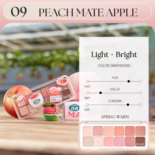 Image of CLIO Pro Eye Palette Air, 12-Color Eye Shadow Palette, Matte Shimmer Mix, Air-Fit Blendable Pigmented Buildable Color, Low Fallout, Peach Coral Neutral Tone, Daily Korean Makeup (09 PEACH MATE APPLE)
