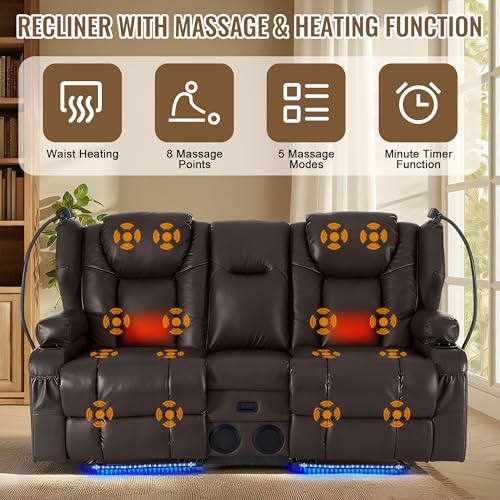 Image of Power Recliner Loveseat for Living Room, Loveseat Sofa with Center Console, USB Type-C Port, Leather Chair with Vibration Massage and Heat, Speaker Oversized Recliner Chair for Home Theater (Brown)