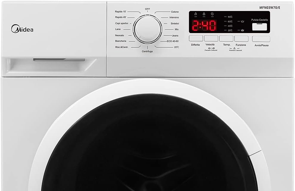 Midea MF100W70/E Lavatrice a Carica Frontale, 7 kg, 40cm di profondità Slim Design, 1200 Giri, Hygiene 90 ℃, Opzioni di Temperatura Multiple, Colore Bianco           [Classe di efficienza energetica D]