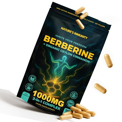 Berberine 1000mg HCL High Strength with Organic Ceylon Cinnamon 300mg – No Fillers - Dual Action Formula – Clean & Pure 2-in-1 Berberine Supplement – 90 Vegan Capsules