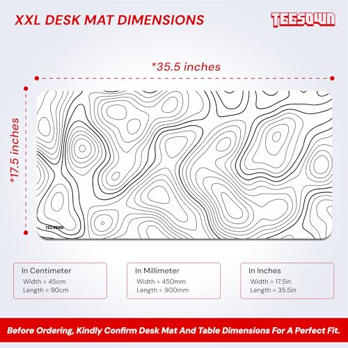 Image of XXL White Topographical Extended Mousepad (17.5x35.5) inches for Laptop Desktop PC and Gaming Desk Mat Rubber Base Desk Pad