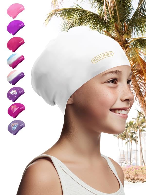 KIDVERSE Waterproof Kids Swimming Cap for Girls & Boys with long voluminous hair - Swim Hat with Anti-Slip Grips - Comfortable Silicone Swim Cap Girls & Boys - Swimming Hat Kids with UV Protection