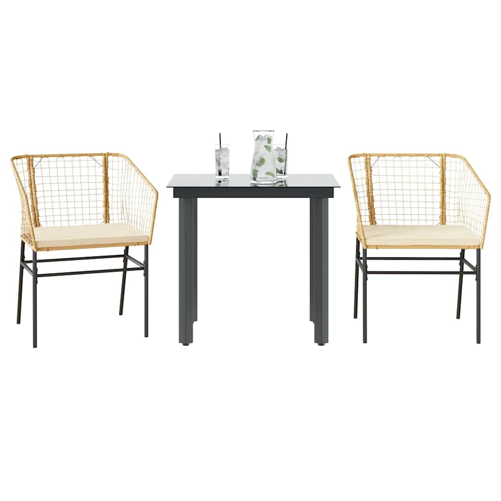 Ensemble jardin 3 pièces rotin marron avec table en verre et coussins pour balcon et terrasse