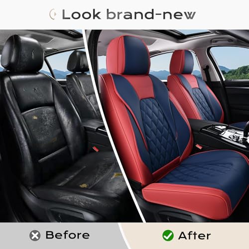 Image of Coverado Leather Car Seat Covers, Automotive Seat Cover Waterproof Seat Covers for Cars, 2 Pack Leather Seat Covers, Driver Seat Cover Car Seat Cushion Protector Universal Fit for Most Cars - Red&Blue