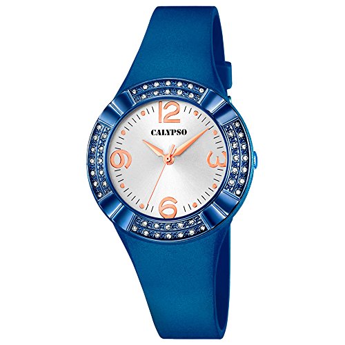 Preisvergleich Produktbild Calypso Damenarmbanduhr Quarzuhr Kunststoffuhr mit Polyurethanband analog K5659, Farbe:blau / weiß