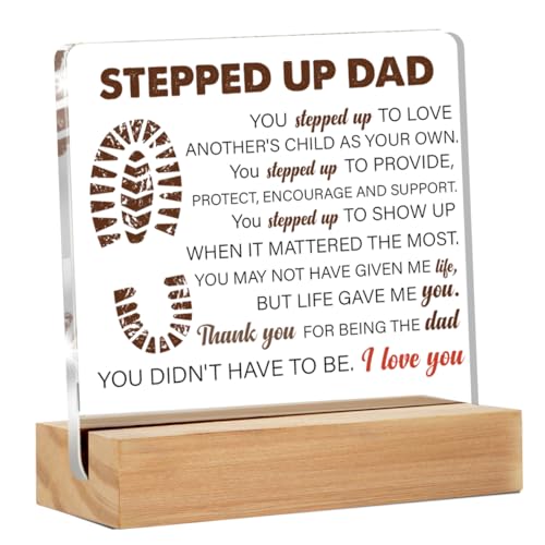 Product Image of the Stepdad Gifts from Stepdaughter Stepson for Fathers Day, Gifts for Step Father Bonus Dad Birthday Christmas Father's Day, Stepped up Dad Acrylic Desk Decorative Sign for Home Decor, 4 x 4 Inches