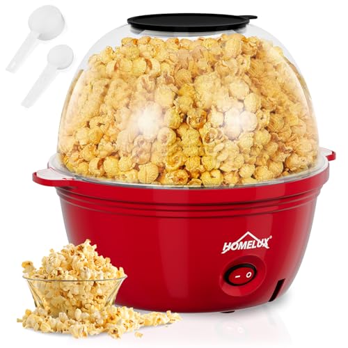 HOMELUX Popcornmaschine Popcorn Maker 450W Mini Popcorn Maschine mit Messlöffel Antihaftbeschichtung Snack Popcorn Popper für Zuhause Party Kinder, Deckel als Servierschale, Stille & Schnelle Rot