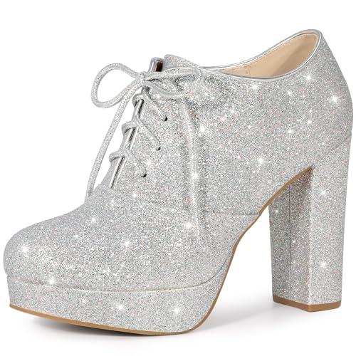 Perphy Lace up Chunky Heel Platform Glitter Ankle Booties for Women