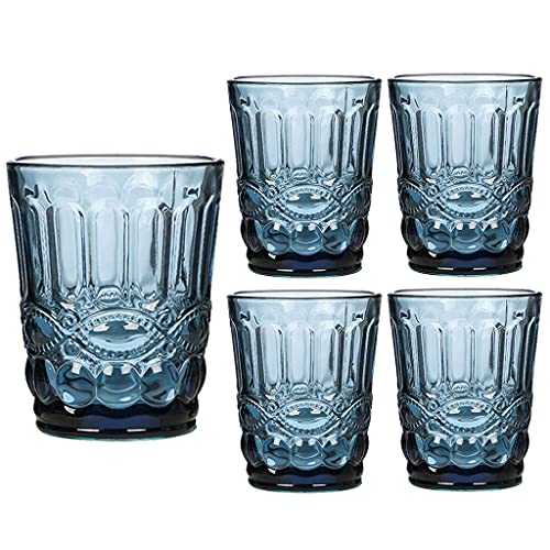 Dibor Set of 4 Tumblers Blue Baroque Embossed 250ml Water Juice Tumbler Glasses