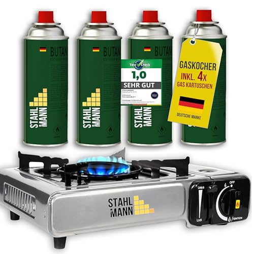 STAHLMANN Gaskocher inkl. 8 Kartuschen - Campingkocher mit Piezozündung - Camping Gaskocher stufenlos regulierbar - Gaskocher Camping 1-Flammig (8 Kartuschen)