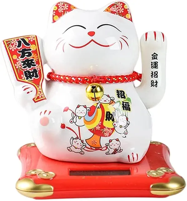 Solar Maneki Neko Waving Cat - 5.5" Lucky Figurine for Home, Office, Car