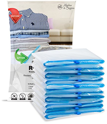Alpha & Sigma Space Saver Roll Up Storage Bags 10 Pieces M,L Sizes | Practical & Reusable Compression Bags with Ziplock | for Garments, Baby Clothes, Suitcases, Traveling, Underbed, Beddings & More