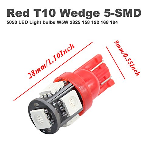 BOODLED 50-Pack 194 192 Red LED Bulb 12V,120LM 6000k Car Interior and Exterior T10 5SMD 5050 Chips Replacement For W5W 168 2825 Map Dome Courtesy License Plate Side Marker Light (50xH-T10-5050-5-R)